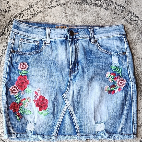 VIP Dresses & Skirts - VIP Blue Denim Skirt with Red Floral Embroidery